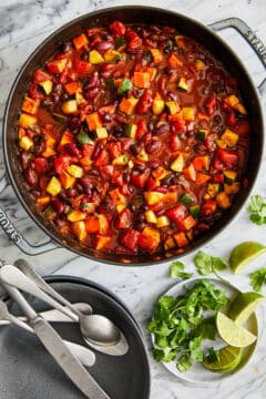 Homemade vegetarian chili, loaded with sweet potato, zucchini, and beans.
