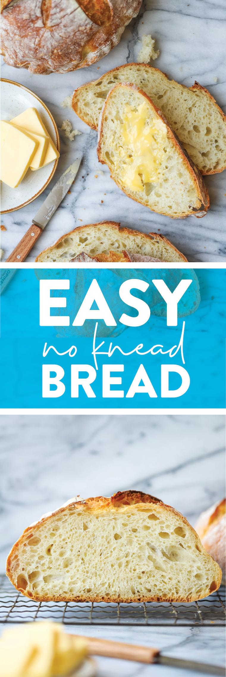 Easy No Knead Bread - FOOL-PROOF and only 4-ingredients! So hearty and rustic with the most amazing crust + fluffy, soft, chewy inside. Seriously, SO GOOD.