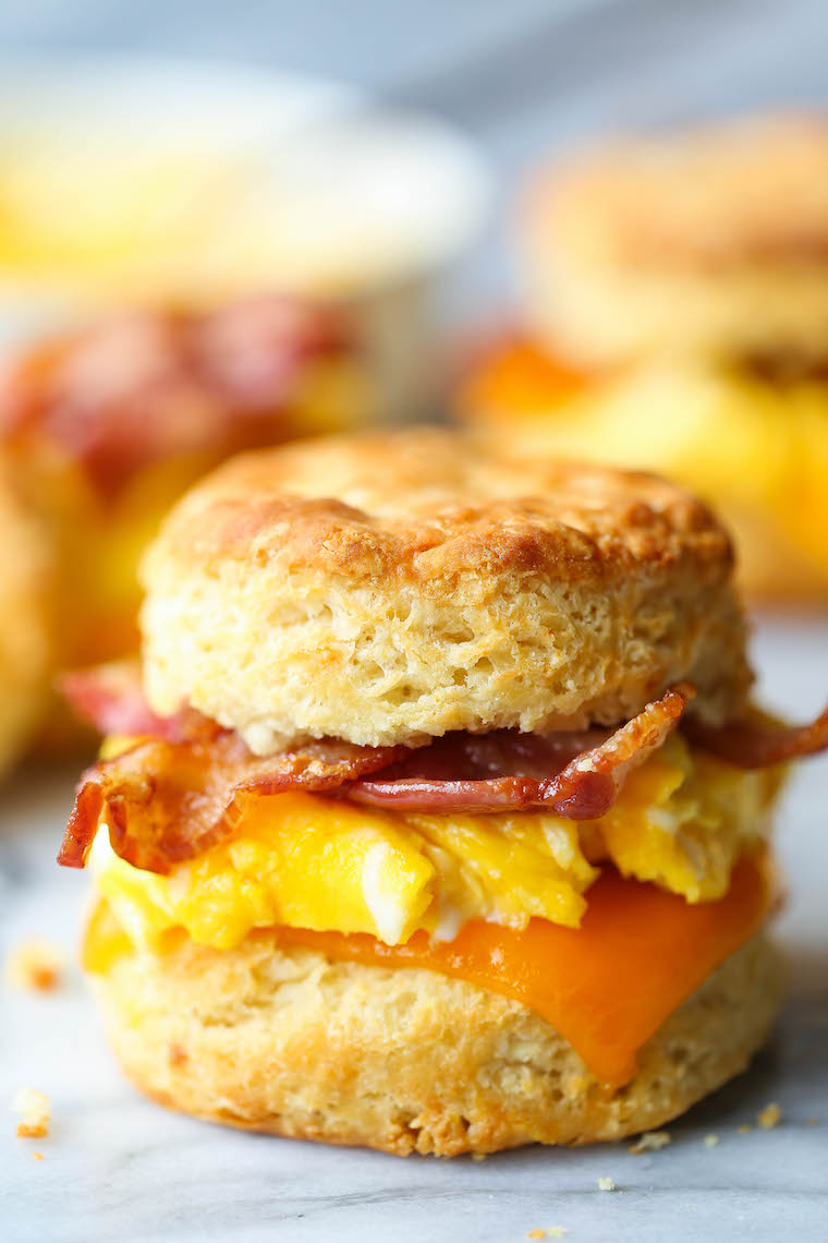 Breakfast Biscuit Sandwiches Recipe Make Ahead Breakfast Biscuit Sandwiches - Oh-so-warm, flaky buttermilk biscuits with eggs, bacon and cheese. Store in the fridge and reheat in the morning!