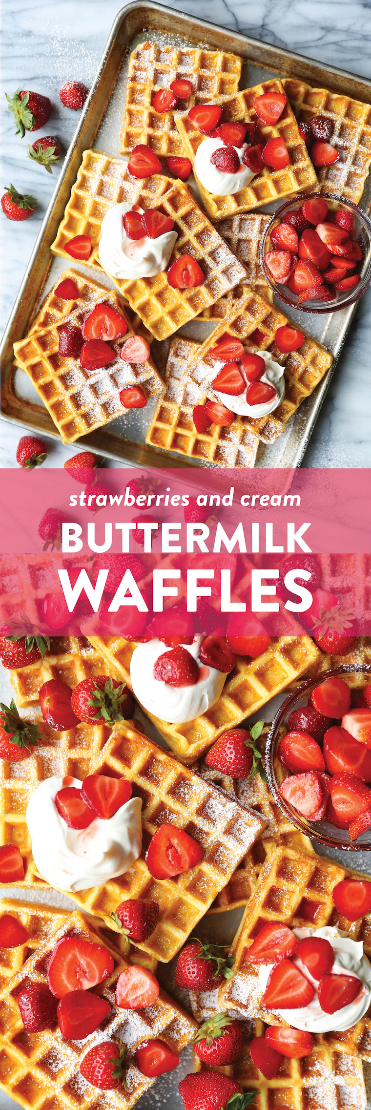 Strawberries and Cream Buttermilk Waffles - The waffles are perfectly fluffy and so light! SO GOOD. Topped with fresh strawberries + homemade whipped cream!