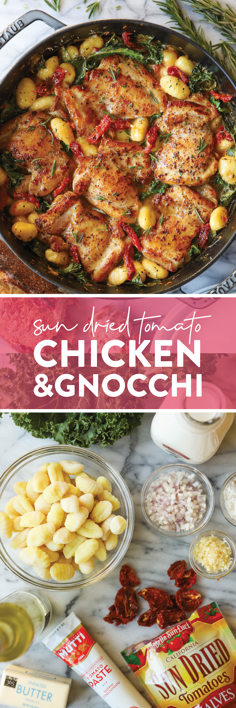 Sun Dried Tomato Chicken and Gnocchi - Tender, juicy chicken thighs in an AMAZING garlicky sun dried tomato cream sauce. So simple, so good.